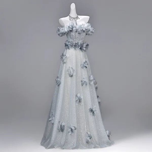 Charmant Gris Perlage Appliques Paillettes Robe De Soirée 2026 Princesse De l'épaule Manches Courtes Dos Nu Longue Robe De Ceremonie