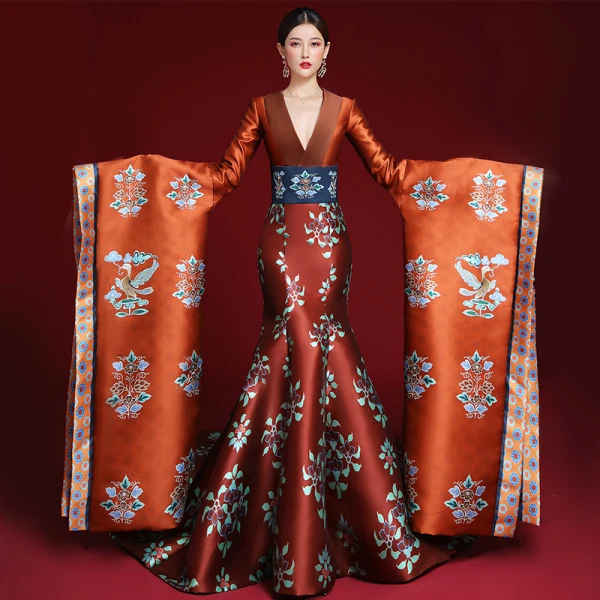 Amazing Unique Chinese Style Burgundy Printing Prom Dresses 2022 Trumpet Mermaid Satin