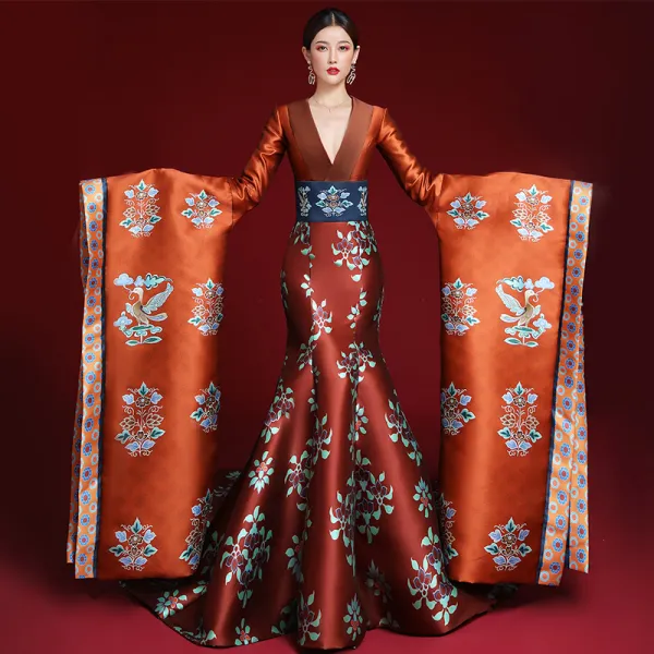 Amazing / Unique Chinese style Burgundy Printing Prom Dresses 2022 Trumpet / Mermaid Satin V-Neck Long Sleeve Backless Court Train Formal Dresses
