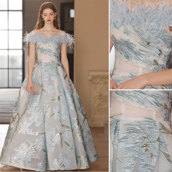 Fashion Sky Blue Feather Prom Dresses 2023 A-Line / Princess Off-The-Shoulder Short Sleeve Backless Floor-Length / Long Prom Formal Dresses