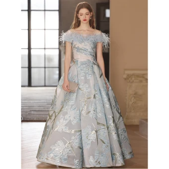 Mode Bleu Ciel Plumes Robe De Bal 2023 Princesse De L Épaule Manches Courtes Dos Nu Longue Promo Robe De Ceremonie