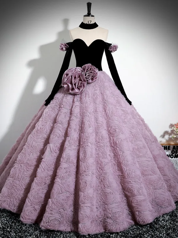 Audrey Hepburn Style Lavender Appliques Prom Dresses 2024 Ball Gown Off-The-Shoulder Long Sleeve Backless Sweep Train Prom Formal Dresses