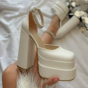 Mode Ivoire Satin Soirée Sandales Femme Talons Hauts 2023 15 Cm Talons Épais Pied Carré Chaussures Femmes