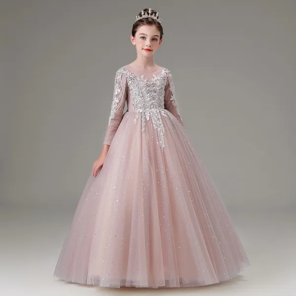 Elegant Blushing Pink Beading Rhinestone Lace Flower Birthday Flower Girl Dresses 2025 Ball Gown Scoop Neck Long Sleeve Floor-Length / Long
