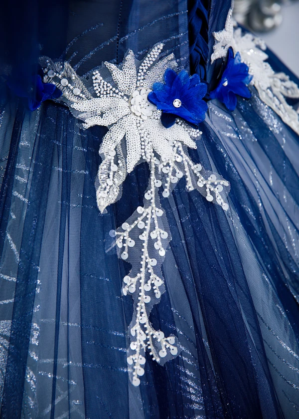 Elegant Royal Blue Beading Appliques Sequins Prom Dresses 2022 Ball Gown Off-The-Shoulder Short Sleeve Backless Floor-Length / Long Prom Formal Dresses