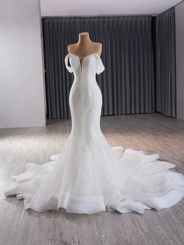 High End Sexy Weiß Perlenstickerei Perle Pailletten Brautkleider / Hochzeitskleider 2024 Ballkleid Bandeau Ärmellos Rückenfreies Kapelle-Schleppe Hochzeit