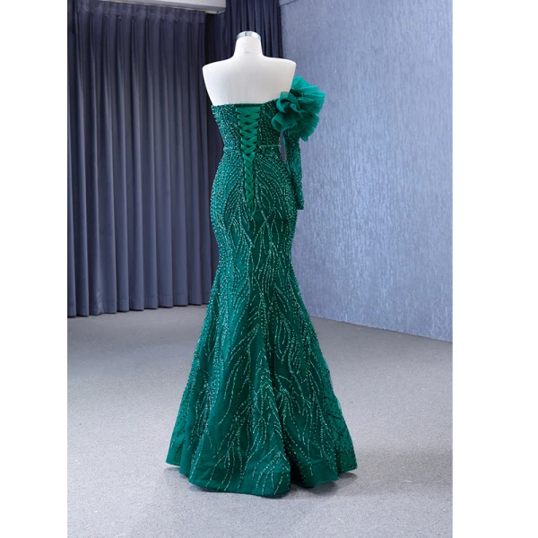 High-end Dark Green Handmade  Beading Evening Dresses 2023 Trumpet / Mermaid Strapless Sleeveless Backless Sweep Train Evening Party Formal Dresses