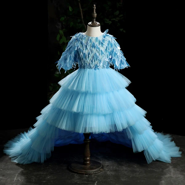 High Low Black Cascading Ruffles Prom Flower Girl Dresses 2022 Ball Gown Scoop Neck Sequins Short Sleeve Court Train Flower Girl Dresses