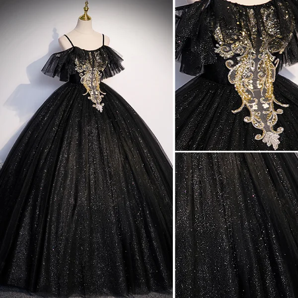 Bling Bling Noire Paillettes Robe De Bal 2023 Robe Boule Bretelles Spaghetti Manches Courtes Dos Nu Longue Promo Robe De Ceremonie