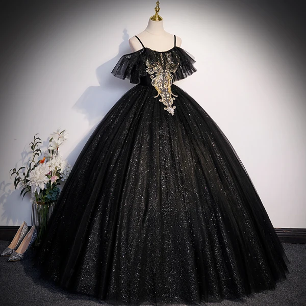 Bling Bling Noire Paillettes Robe De Bal 2023 Robe Boule Bretelles Spaghetti Manches Courtes Dos Nu Longue Promo Robe De Ceremonie