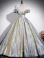 Mode Argenté Glitter Robe De Ceremonie 2024 Robe Boule De l'épaule Manches Courtes Dos Nu Longue Promo Robe De Bal