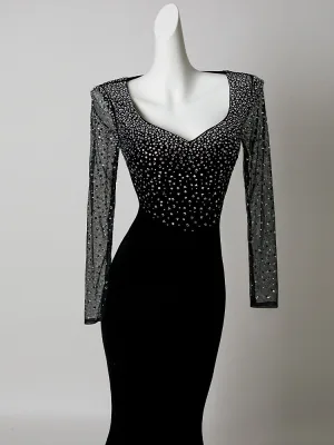 Sexy Black Sequins Evening Dresses 2026 Trumpet Mermaid V Neck Long Sleeve Floor Length Long Formal Dresses