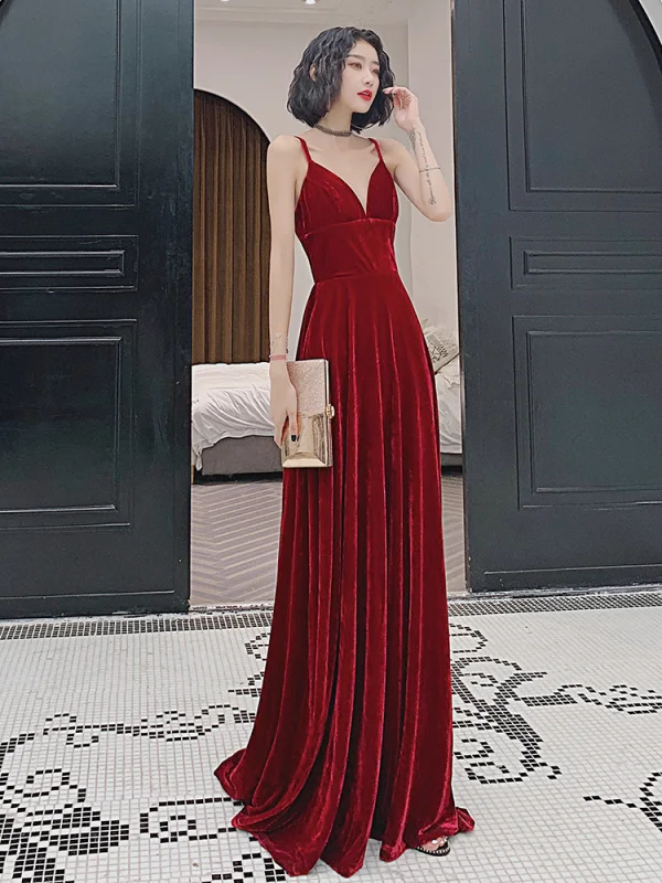 Charming Burgundy Suede Evening Dresses 2022 A-Line / Princess Spaghetti Straps Sleeveless Backless Floor-Length / Long Evening Party Formal Dresses