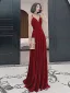 Charming Burgundy Suede Evening Dresses 2022 A-Line / Princess Spaghetti Straps Sleeveless Backless Floor-Length / Long Evening Party Formal Dresses
