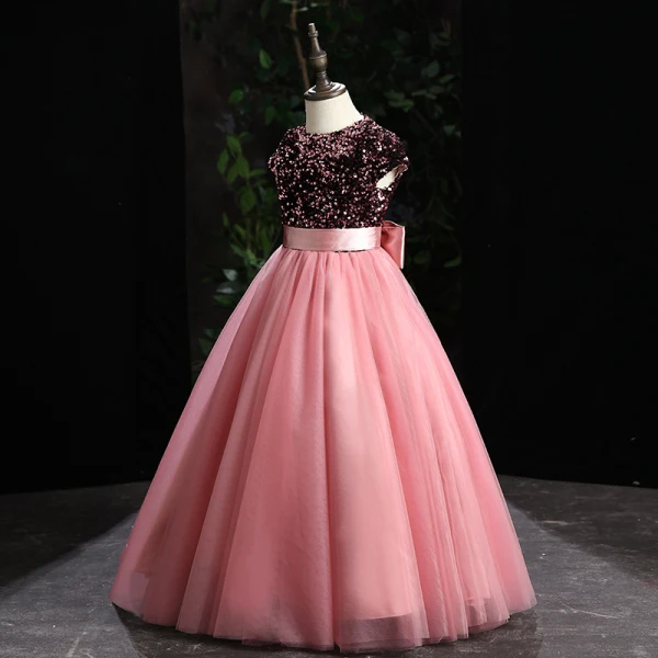 Lovely Candy Pink Sequins Birthday Flower Girl Dresses Ball Gown 2022 Scoop Neck Sash Bow Sleeveless Floor-Length / Long Flower Girl Dresses