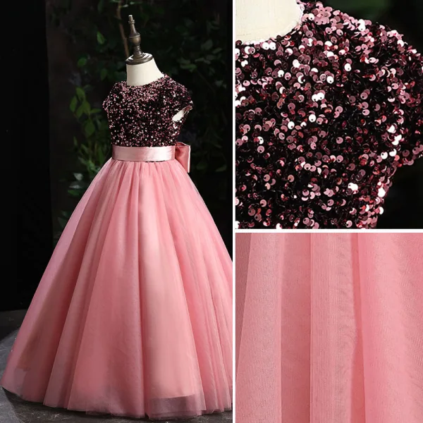Lovely Candy Pink Sequins Birthday Flower Girl Dresses Ball Gown 2022 Scoop Neck Sash Bow Sleeveless Floor-Length / Long Flower Girl Dresses