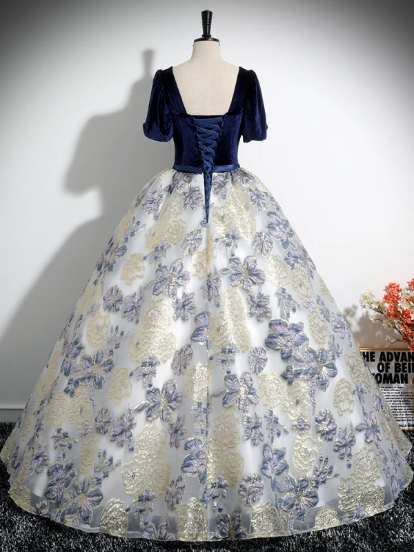 Elegant Navy Blue Printing Prom Dresses 2024 Ball Gown Square Neckline Short Sleeve Backless Bow Sash Floor-Length / Long Prom Formal Dresses
