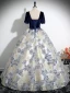 Elegant Navy Blue Printing Prom Dresses 2024 Ball Gown Square Neckline Short Sleeve Backless Bow Sash Floor-Length / Long Prom Formal Dresses