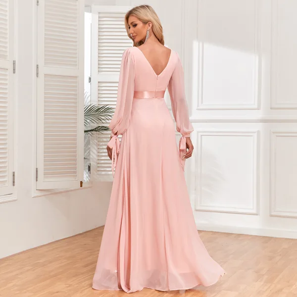 Modest Simple Blushing Pink Chiffon Prom Dresses 2024 A-Line Princess V-Neck Long Sleeve Modest Simple Blushing Pink Chiffon Prom Dresses 2024 A-Line Princess V-Neck Long Sleeve