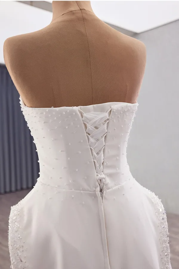 Sexy White Pearl Satin Floor-Length / Long Wedding Dresses 2025 A-Line / Princess Strapless Sleeveless Backless Wedding