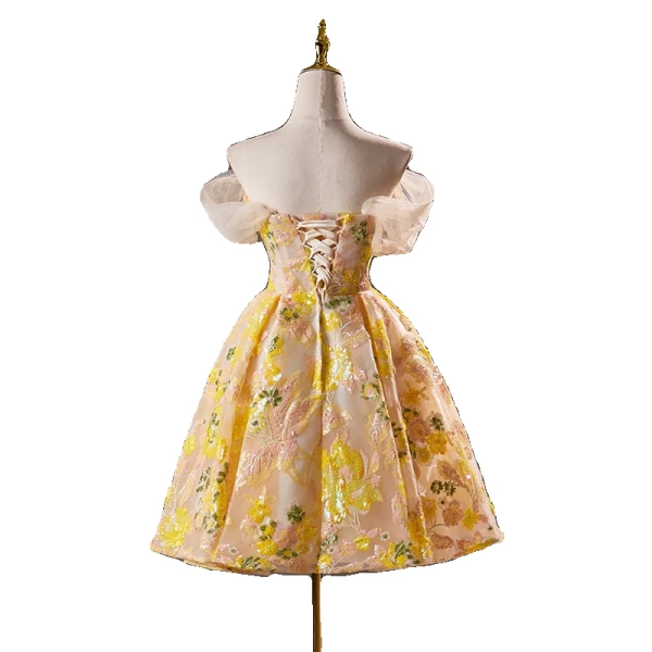 Vintage / Retro Gold Beading Sequins Lace Flower Homecoming Short Graduation Dresses 2024 Off-The-Shoulder Short Sleeve Backless Formal Dresses