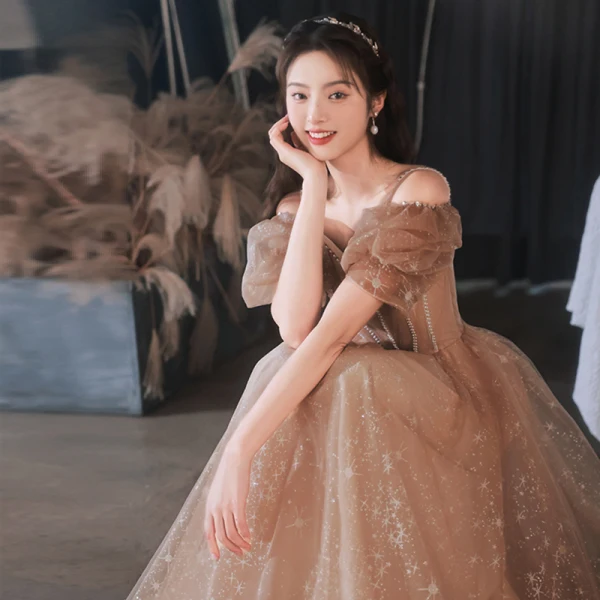 Charming Champagne Sequins Evening Dresses 2022 A-Line / Princess Off-The-Shoulder Rhinestone Short Sleeve Backless Floor-Length / Long Evening Party Formal Dresses
