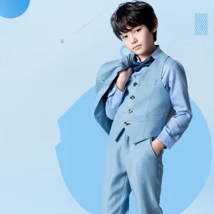 Sky Blue 5 Piece Long Sleeve Boys Wedding Suits 2022 Coat Pants Shirt Tie Vest Boys Wedding Suits