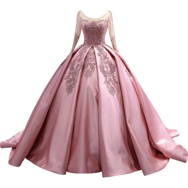 High-end Vintage / Retro Candy Pink Beading Pearl Sequins Prom Dresses 2022 Satin Ball Gown Scoop Neck Long Sleeve Backless Court Train Prom Formal Dresses