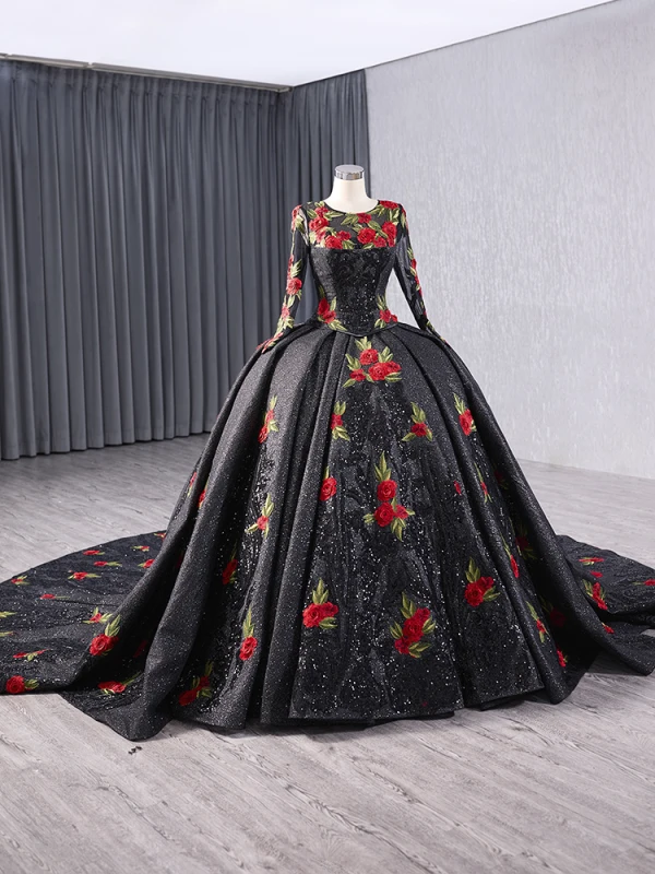 Elegant Black 3D Lace Flower Glitter Sequins Prom Dresses 2024 Ball Gown Scoop Neck Long Sleeve Royal Train Prom Formal Dresses