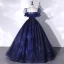 Vintage / Originale Simple Bleu Marine Paillettes Robe De Bal 2022 Robe Boule Encolure Dégagée Manches Courtes Dos Nu Longue Robe De Ceremonie