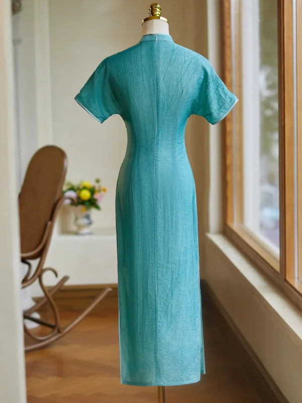 Vintage / Retro Chinese style Jade Green Floor-Length / Long Cheongsam 2024 Trumpet / Mermaid High Neck Short Sleeve