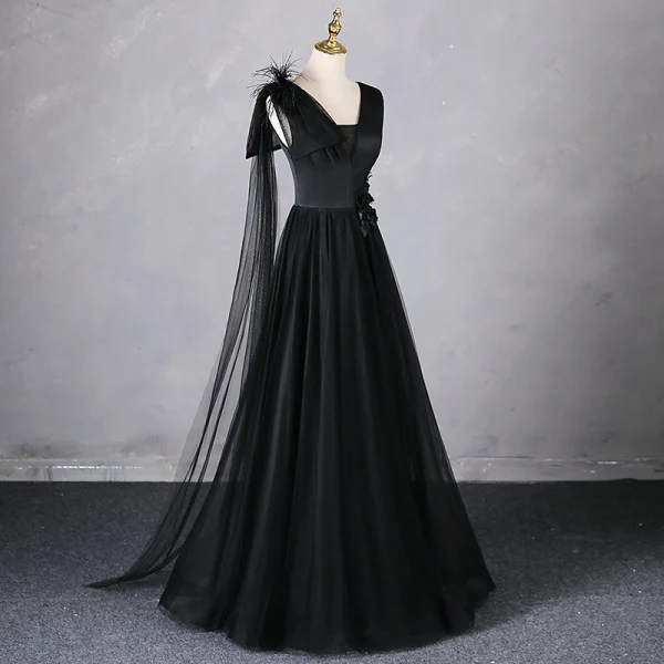Elegant Black Tassel Appliques Prom Dresses 2024 Backless A-Line / Princess V-Neck Sleeveless Floor-Length / Long Prom Formal Dresses