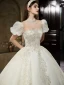 High End Vintage Ivory / Creme Perlenstickerei Perle Strass Brautkleider / Hochzeitskleider 2022 Ballkleid Rundhalsausschnitt Kurze Ärmel Rückenfreies Königliche Schleppe Hochzeit
