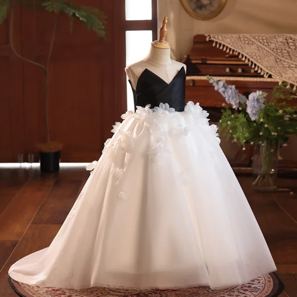 Chic / Belle Noire Appliques Anniversaire Robe Ceremonie Fille 2025 Bretelles croisées Robe Boule Bustier Sans Manches Dos Nu Train De Balayage