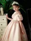 Chic / Beautiful Blushing Pink Pearl Tassel Rhinestone Birthday Flower Girl Dresses 2022 Satin Ball Gown Scoop Neck Short Sleeve Floor-Length / Long Flower Girl Dresses