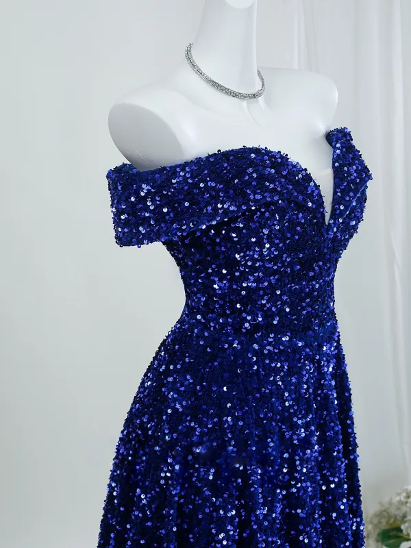 Vintage Glitzernden Marineblau Pailletten Abendkleider 2026 A Linie Off Shoulder Kurze Ärmel Rückenfreies Sweep / Pinsel Zug Festliche Kleider