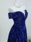Vintage Glitzernden Marineblau Pailletten Abendkleider 2026 A Linie Off Shoulder Kurze Ärmel Rückenfreies Sweep / Pinsel Zug Festliche Kleider