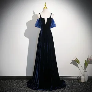 Charming Navy Blue Velvet Evening Dresses 2025 A Line Princess Spaghetti Straps Sleeveless Backless Sweep Train Formal Dresses