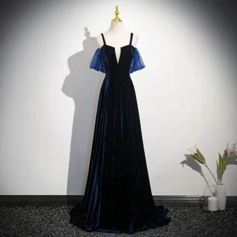 Charmant Bleu Marine Velours Robe De Soirée 2025 Princesse Bretelles Spaghetti Sans Manches Dos Nu Train De Balayage Robe De Ceremonie
