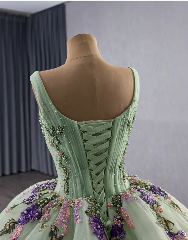 Luxury / Gorgeous Sage Green Beading Pearl Sequins Appliques Lace Flower Prom Dresses 2025 Ball Gown V-Neck Sleeveless Backless Chapel Train
