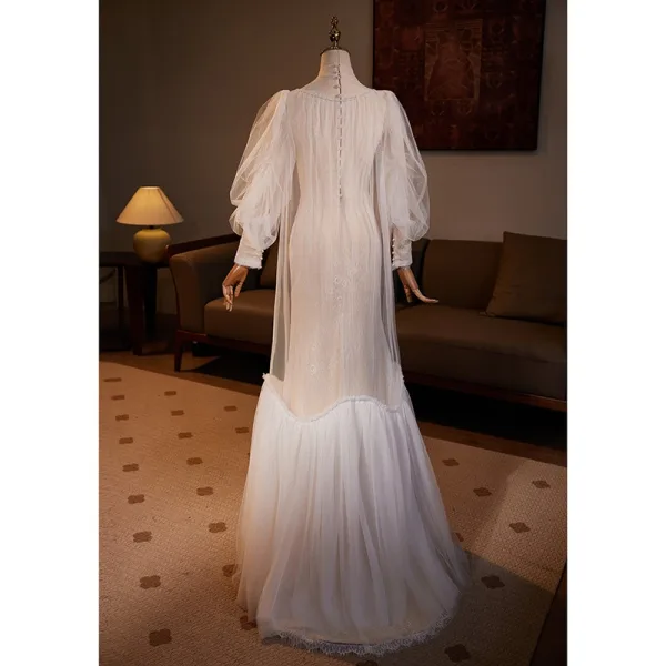 Muslim Modest / Simple White Trumpet / Mermaid Wedding Dresses 2024 High Neck Long Sleeve Floor-Length / Long Wedding