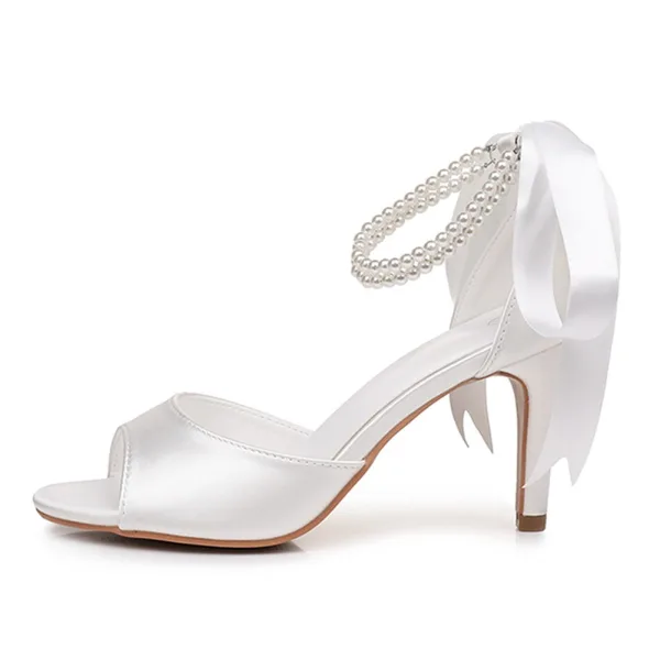 Elegante Weiß Satin Perle Knöchelriemen Schleife Ball Sandalen Damen 2026 Peeptoes 8 cm Stilettos Sandaletten Hochhackige