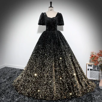 Sparkly Black Sequins Prom Dresses 2024 Ball Gown Square Neckline Short Sleeve Backless Floor Length Long Prom Formal Dresses
