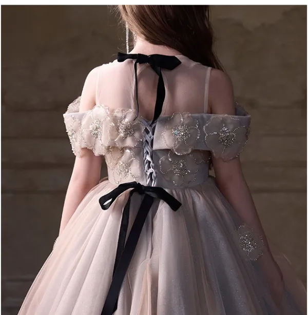 Élégant Rougissant Rose Perlage Appliques Anniversaire Robe Ceremonie Fille 2025 Robe Boule Encolure Dégagée Manches Courtes Dos Nu Noeud Longue