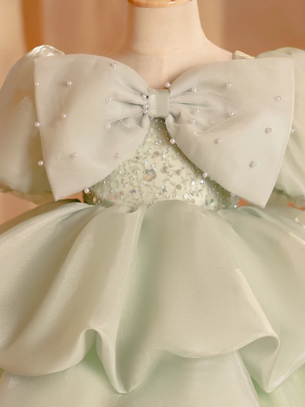 Fashion Sage Green Cascading Ruffles Beading Pearl Sequins Birthday Flower Girl Dresses 2023 Ball Gown Scoop Neck Bow Puffy Short Sleeve Short Backless
