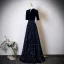 Vintage / Retro Navy Blue Sequins Mother Of The Bride Dresses 2025 A-Line / Princess High Neck Short Sleeve Floor-Length / Long