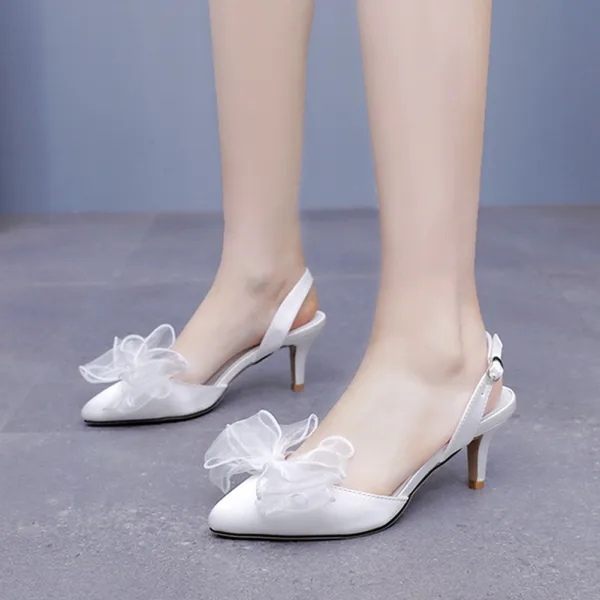 Elegant White Bow Wedding Shoes 2026 6 cm Stiletto Heels Pointed Toe Wedding High Heels