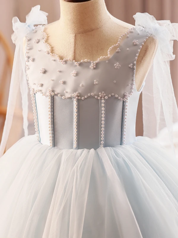 Schlicht Grau Perle Kurze Hochzeit Blumenmädchenkleider 2023 Ballkleid Rundhalsausschnitt Ärmellos Rückenfreies