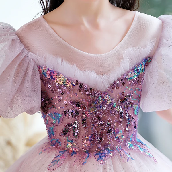 Chic / Beautiful Purple Birthday Flower Girl Dresses 2023 A-Line / Princess Scoop Neck Beading Sequins Puffy Short Sleeve Backless Floor-Length / Long Flower Girl Dresses