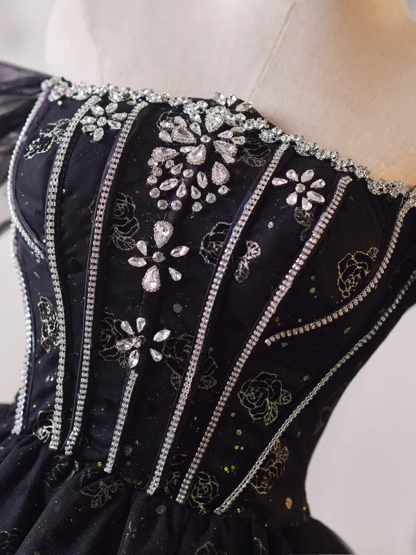 Charming Black Rhinestone Glitter Flower Short Evening Dresses 2025 Ball Gown Off-The-Shoulder Short Sleeve Backless Evening Party Formal Dresses